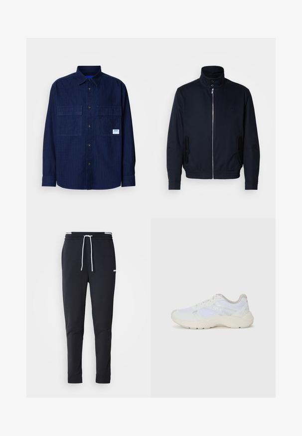 Chaqueta azul marino con un alto cuello, cierre frontal, bolsillos laterales y puños acanalados. Textura suave con un sutil detalle de logo en el pecho.; Camisa de botones de manga larga azul marino con dos bolsillos en el pecho y una pequeña etiqueta blanca en el bolsillo derecho.; Pantalones jogger ajustados negros con cordón blanco, cinturilla elástica con rayas blancas y pequeño logotipo blanco en el muslo superior.; Zapatillas deportivas blancas hechas de malla y ante, con una entresuela texturizada, acentos texturizados y el logo "HUGO" en el lateral.