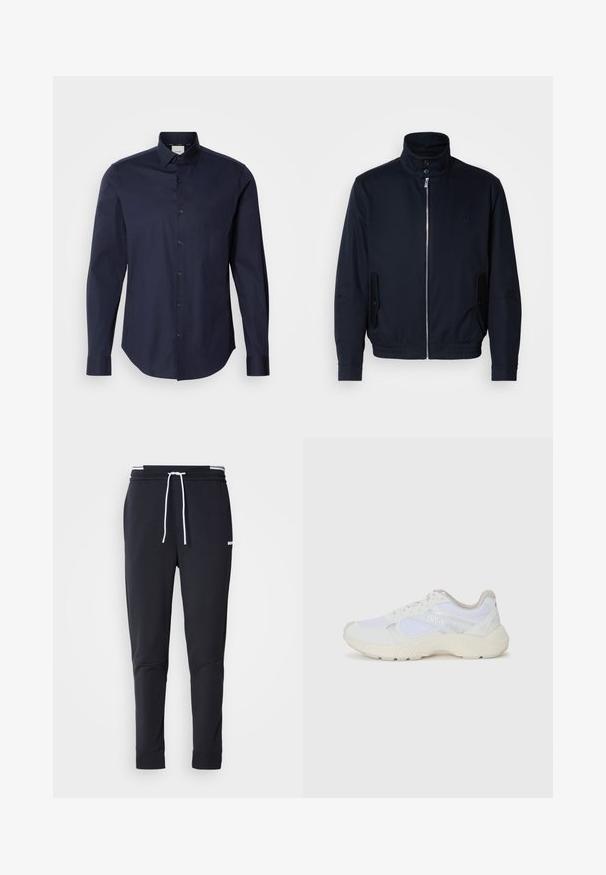 Giacca blu navy con colletto alto, zip frontale, tasche laterali e polsini a coste. Texture liscia con un sottile dettaglio del logo sul petto.; Camicetta blu navy con bottoni realizzata in cotone. Presenta maniche lunghe, colletto a punta e pattina con bottoni coordinati. Texture liscia.; Pantaloni jogger slim-fit neri con cordoncino bianco, vita elastica con strisce bianche e piccolo logo bianco sulla coscia superiore.; Scarpe da ginnastica bianche in mesh e suede, con una suola intermedia testurizzata, dettagli testurizzati e il logo "HUGO" sul lato.