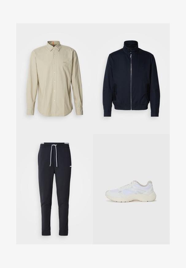 Tamno plava jakna s visokim ovratnikom, prednjim patentnim zatvaračem, bočnim džepovima i rebrastim manžetama. Glatka tekstura s suptilnim logotipom na prsima.; Bežirana košulja dugih rukava s gumbima i strukturiranim ovratnikom, s džepom na patchu i suptilnom vezom loga na prsima. Glatka, lagana tkanina.; Crni uski jogger hlače s bijelim vezicom, elastičnim pojasom s bijelim prugama i malim bijelim logotipom na gornjem bedrima.; Bijele atletske tenisice napravljene od mrežastog materijala i kože antilop, s teksturiranom srednjom potplatom, teksturiranim detaljima i "HUGO" logotipom sa strane.