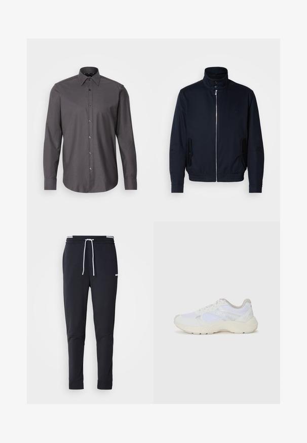 Mornarsko moder plašč z visokim ovratnikom, sprednjim zadrge, stranskimi žepi in rebrastimi manšetami. Gladka tekstura s subtilno detajlom logotipa na prsih.; Temno siva srajca s dolgimi rokavi, ovratnikom in majhnim teksturiranim vzorcem. Ima sijoče gumbe in zaobljen rob.; Črne slim-fit jogger hlače z belo vrvico, elastičnim pasom z belimi črtami in majhnim belim logotipom na zgornjem stegnu.; Bela športna obuvala iz mrežastega in semiš materiala, z teksturiranim podplatom, teksturiranimi dodatki in logotipom "HUGO" na strani.