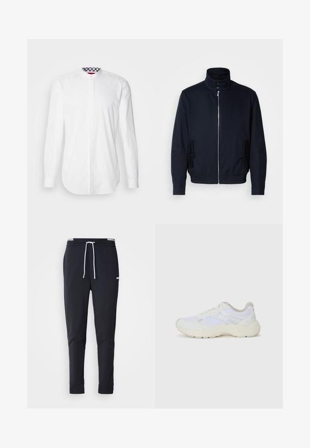 Veste bleu marine avec un col haut, fermeture éclair à l'avant, poches latérales et poignets côtelés. Texture lisse avec un détail logo subtil sur la poitrine.; Chemise blanche à manches longues avec un col montant, présentant un col intérieur à motif bleu marine et blanc. Texture lisse et design à coupe régulière.; Pantalons de jogging slim-fit noirs avec cordon blanc, taille élastique avec rayures blanches et petit logo blanc sur la cuisse supérieure.; Baskets de sport blanches en mesh et en daim, avec une semelle intermédiaire texturée, des accents texturés et le logo "HUGO" sur le côté.