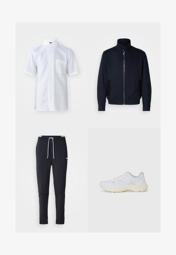 Marineblå jakke med høy krage, glidelås foran, sidelommer og ribbestrikkede mansjetter. Glatt tekstur med en subtil logo detaljer på brystet.; Hvit kortermet skjorte i lett lin-stoff med skjortekrage, brystlomme og en lett strukturert overflate.; Sorte slim-fit joggebukser med hvit snor, elastisk midjebånd med hvite striper, og en liten hvit logo på overlåret.; Hvit idrettssko laget av mesh og skinn, med en teksturert mellomsåle, teksturerte detaljer og "HUGO"-logo på siden.