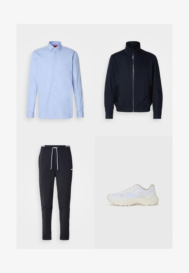 Tumesinine jope, millel on kõrge krae, ees tõmblukk, küljetaskud ja soonikkoes varrukad. Sile tekstuur koos õrnalt logo detailiga rinna piirkonnas.; Hele sinine pika varrukaga särg, mis on valmistatud puuvillast, klassikalise kraega ja valgete nööpidega nööbitavas ees. Sujuv tekstuur.; Mustad must-fit spordipüksid valge paelaga, elastse vöökohtaga valgete triipudega ja väikese valge logoga ülemisel reiel.; Valged sportlikud jalanõud, mis on valmistatud võrkkangast ja seemisnahast, sisaldavad tekstureeritud vahetald, tekstureeritud aktsentide ning küljes oleva "HUGO" logo.