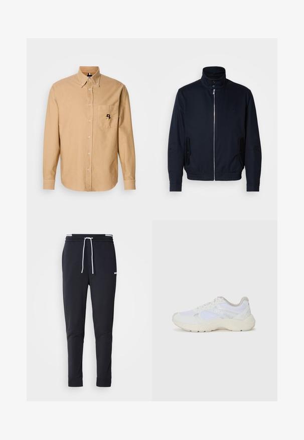 Marineblauwe jas met hoge kraag, voorsluiting met rits, zijzakken en ribgebreide manchetten. Gladde textuur met een subtiele logo-detail op de borst.; Beige button-up overhemd met lange mouwen, een button-down kraag en een borstzak met een klein geborduurd "B"-logo.; Zwarte slim-fit joggerbroek met witte trekkoord, elastische tailleband met witte strepen en klein wit logo op het bovenbeen.; Witte sportief schoenen van mesh en suede, met een gestructureerde tussenzool, gestructureerde accenten en het "HUGO" logo aan de zijkant.