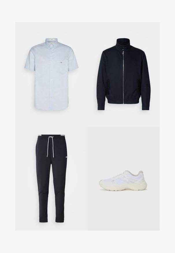 Tamno plava jakna s visokim ovratnikom, prednjim patentnim zatvaračem, bočnim džepovima i rebrastim manžetama. Glatka tekstura s suptilnim logotipom na prsima.; Svijetloplava košulja kratkih rukava s ovratnikom na dugme, koja ima lijevi džep na prsima i mali detalj s logotipom. Izrađena od glatkog materijala.; Crni uski jogger hlače s bijelim vezicom, elastičnim pojasom s bijelim prugama i malim bijelim logotipom na gornjem bedrima.; Bijele atletske tenisice napravljene od mrežastog materijala i kože antilop, s teksturiranom srednjom potplatom, teksturiranim detaljima i "HUGO" logotipom sa strane.