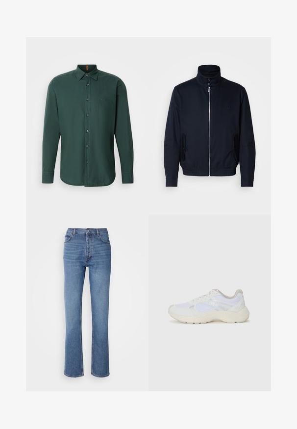 Tamsiai mėlyna striukė su aukšta apykakle, priekine užtrauktuku, šoninėmis kišenėmis ir gipiūriniais rankogaliais. Lygus paviršius su subtiliu logotipu ant krūtinės.; Tamsiai žalias ilgomis rankovėmis medvilninė marškinėliai su mygtukų apykakle, priekiniais mygtukais ir subtiliu prekės ženklo logotipu krūtinėje.; Mėlyni džinsai su aukštu liemeniu, tiesaus kirpimo dizainu ir subtiliu išblukimu. Turi klasikinį penkių kišenių stilių ir užtrauktuko uždarymą.; Balti sportiniai bateliai, pagaminti iš tinklinės medžiagos ir zomšos, su tekstūruotu viduriu, tekstūruotais akcentais ir „HUGO“ logotipu šone.