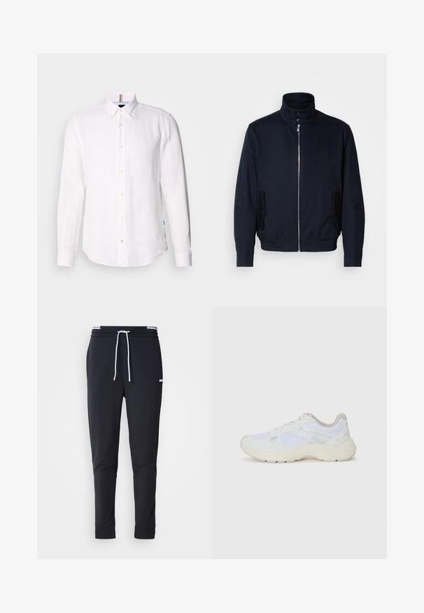 Tengerészkék dzseki magas gallérral, elülső cipzárral, oldalsó zsebekkel és bordázott mandzsettákkal. Sima felület, amelyen diszkrét logórészlet található a mellrészen.; Fehér vászoning hosszú ujjal, gombos elülső résszel és diszkrét logóval a mellkasán. Strukturált gallérral és ívelt alsó résszel rendelkezik.; Fekete, slim-fit rakott nadrág fehér zsinórral, elasztikus derékpánttal, fehér csíkokkal, és kisebb fehér logóval a comb felső részén.; Fehér sportcipők, amelyek hálós és velúr anyagból készültek, texturált középtalppal, texturált részletekkel és a "HUGO" logóval az oldalon.