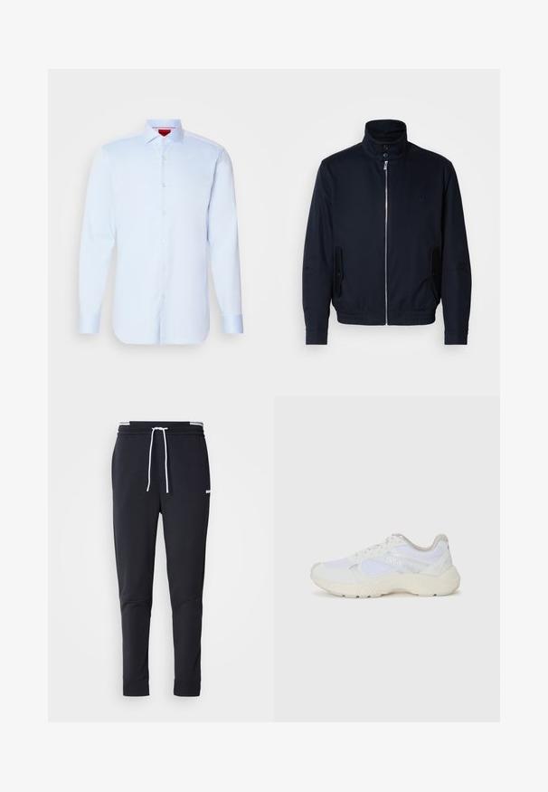 Jūras zils žakets ar augstu apkakli, priekšējo rāvējslēdzi, sānu kabatām un ribotajiem piedurknēm. Gluda tekstūra ar nelielu logotipa detaļu uz krūšu.; Gai zils garām piedurknēm krekls ar pogām, plašu apkakli, noapaļotu apakšmalu un baltām pogām. Gluda auduma struktūra ar delikātu spīdumu.; Melnas pieguļošas jogger bikses ar baltu auklu, elastīgu jostasvietu ar baltām svītrām un mazu baltu logotipu augšstilbā.; Baltas sporta apavi, kas izgatavoti no sieta un zamšāda, ar teksturētu starpzoli, teksturētām akcentēm un "HUGO" logo sānos.