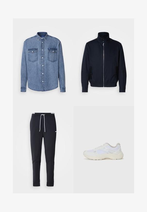 Ναυτικό μπλε μπουφάν με ψηλό γιακά, μπροστινό φερμουάρ, πλαϊνές τσέπες και ριμπ μανσέτες. Λείο ύφασμα με διακριτική λεπτομέρεια λογότυπου στο στήθος.; Τζιν πουκάμισο σε ανοιχτό μπλε με κουμπιά μπροστά, δύο τσέπες στο στήθος και κλασικό γιακά. Διαθέτει ραφές και ετικέτα λογότυπου.; Μαύρο παντελόνι jogger slim-fit με λευκή κορδόνι, ελαστική μέση με λευκές ρίγες και μικρό λευκό λογότυπο στο πάνω μέρος του μηρού.; Λευκά αθλητικά παπούτσια από πλέγμα και σουέτ, με υφή στη σόλα, υφές σε διάφορα σημεία και λογότυπο "HUGO" στο πλάι.