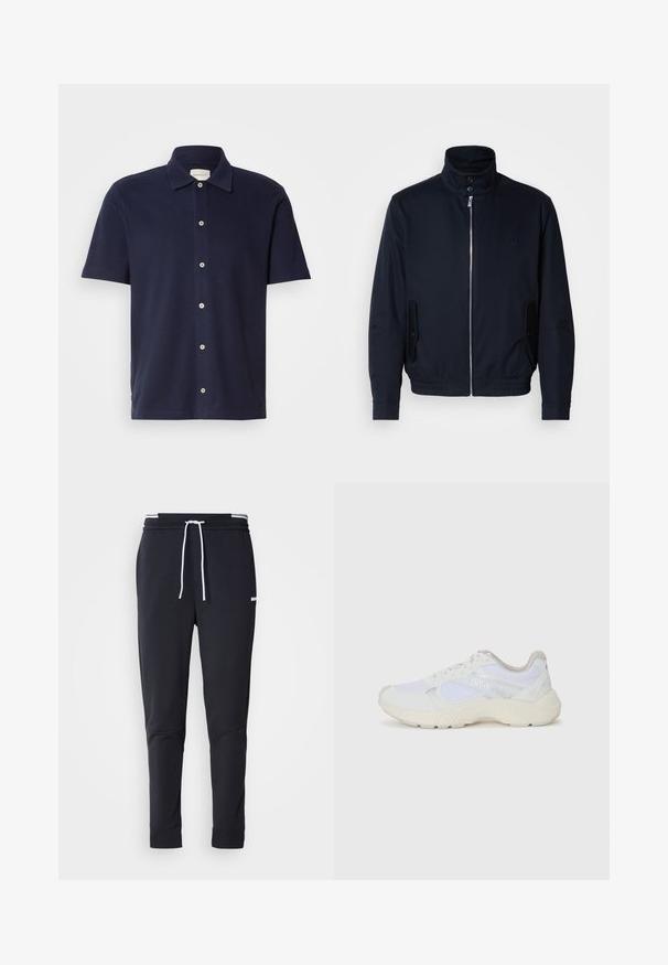 Mornarsko moder plašč z visokim ovratnikom, sprednjim zadrge, stranskimi žepi in rebrastimi manšetami. Gladka tekstura s subtilno detajlom logotipa na prsih.; Temno modra kratka polo majica s klasičnim ovratnikom, ki ima gumbno zapiranje in majhen, izvezen logotip na prsih.; Črne slim-fit jogger hlače z belo vrvico, elastičnim pasom z belimi črtami in majhnim belim logotipom na zgornjem stegnu.; Bela športna obuvala iz mrežastega in semiš materiala, z teksturiranim podplatom, teksturiranimi dodatki in logotipom "HUGO" na strani.