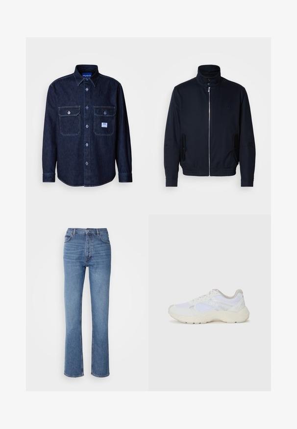 Giacca blu navy con colletto alto, zip frontale, tasche laterali e polsini a coste. Texture liscia con un sottile dettaglio del logo sul petto.; Camicia in denim scuro con bottoni, maniche lunghe, due tasche sul petto e etichetta blu con marchio. Presenta cuciture a contrasto e design con collo classico.; Jeans in denim blu con vita alta, design a gamba dritta e leggera sbiaditura. Presentano il classico stile a cinque tasche e chiusura con zip.; Scarpe da ginnastica bianche in mesh e suede, con una suola intermedia testurizzata, dettagli testurizzati e il logo "HUGO" sul lato.