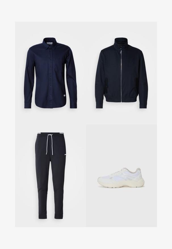 Casaco azul marinho com colarinho alto, fecho éclair frontal, bolsos laterais e punhos canelados. Textura suave com um detalhe logo discreto no peito.; Camisa de botão de manga longa azul-marinho, feita de algodão suave, com colarinho clássico, um bolso no peito e fechamento frontal com botões.; Calças de jogger ajustadas pretas com cordão branco, cintura elástica com riscas brancas e pequeno logo branco na parte superior da coxa.; Ténis brancos desportivos feitos de malha e camurça, com uma entressola texturizada, elementos texturizados e o logótipo "HUGO" na lateral.