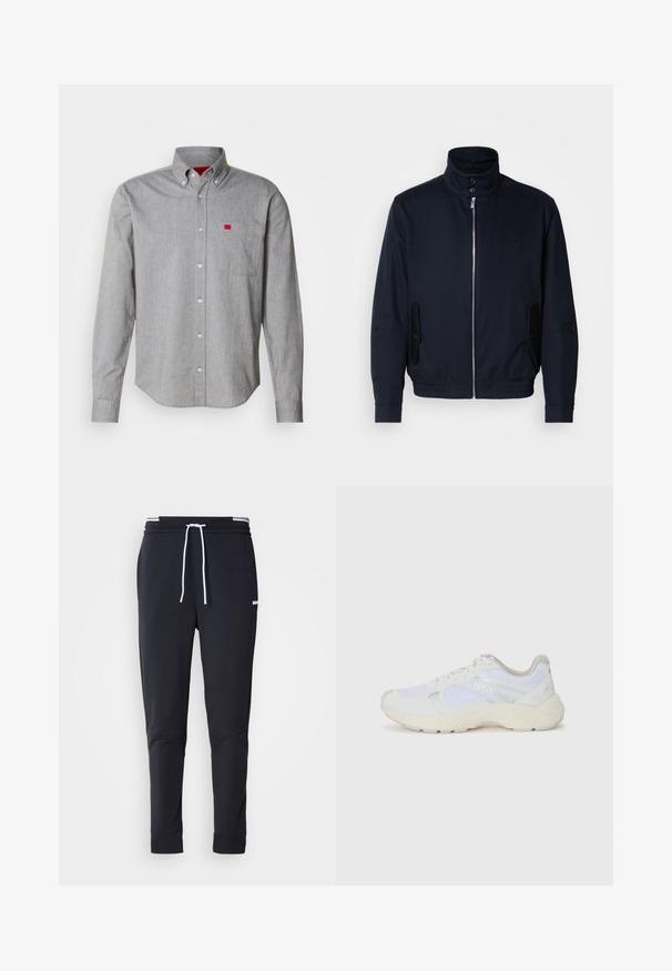Tamsiai mėlyna striukė su aukšta apykakle, priekine užtrauktuku, šoninėmis kišenėmis ir gipiūriniais rankogaliais. Lygus paviršius su subtiliu logotipu ant krūtinės.; Pilkas marškinis su mygtukais, pagamintas iš medvilnės audinio, su krūtinės kišene ir mažu raudonu logotipu. Švelni tekstūra, struktūrinis apykaklė, ilgos rankovės.; Juodi liekni džinsai su balta raišteliu, elastinga juosmens juosta su baltais raštais ir maža balta logotipu viršutiniame šlaunies taške.; Balti sportiniai bateliai, pagaminti iš tinklinės medžiagos ir zomšos, su tekstūruotu viduriu, tekstūruotais akcentais ir „HUGO“ logotipu šone.