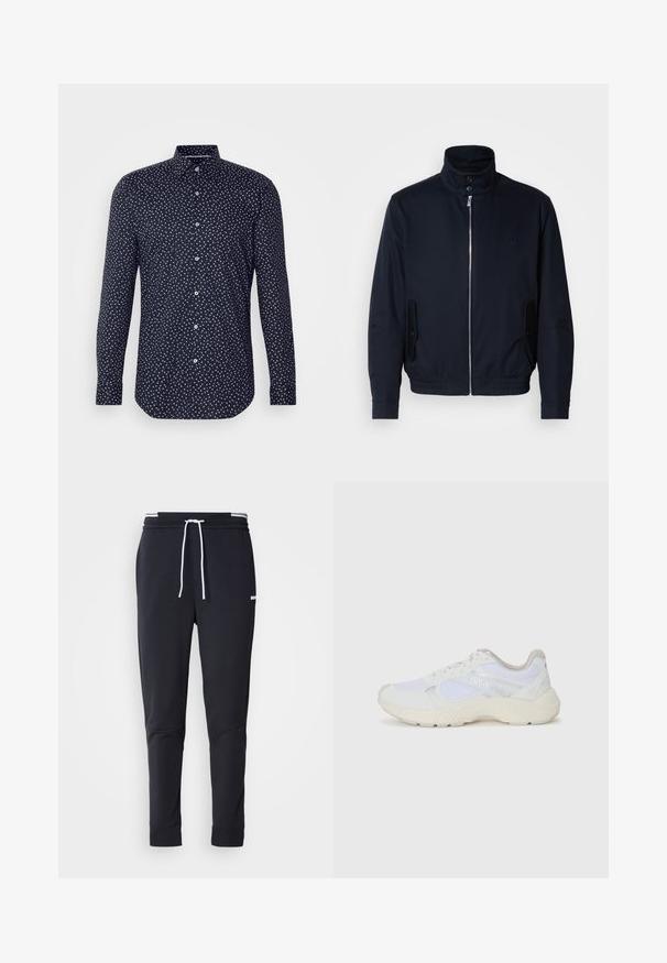 Tamsiai mėlyna striukė su aukšta apykakle, priekine užtrauktuku, šoninėmis kišenėmis ir gipiūriniais rankogaliais. Lygus paviršius su subtiliu logotipu ant krūtinės.; Tamsiai mėlyna marškiniai su mygtukų apykakle, turi išsibarstytą baltų taškų raštą. Ilgos rankovės su mygtukų uždarymu ir išlenkta apačia.; Juodi liekni džinsai su balta raišteliu, elastinga juosmens juosta su baltais raštais ir maža balta logotipu viršutiniame šlaunies taške.; Balti sportiniai bateliai, pagaminti iš tinklinės medžiagos ir zomšos, su tekstūruotu viduriu, tekstūruotais akcentais ir „HUGO“ logotipu šone.