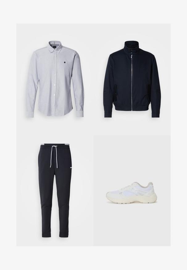 Casaco azul marinho com colarinho alto, fecho éclair frontal, bolsos laterais e punhos canelados. Textura suave com um detalhe logo discreto no peito.; Camisa azul claro de botão com mangas longas, feita de um tecido texturizado. Apresenta um pequeno logótipo no lado esquerdo do peito e punhos standard.; Calças de jogger ajustadas pretas com cordão branco, cintura elástica com riscas brancas e pequeno logo branco na parte superior da coxa.; Ténis brancos desportivos feitos de malha e camurça, com uma entressola texturizada, elementos texturizados e o logótipo "HUGO" na lateral.