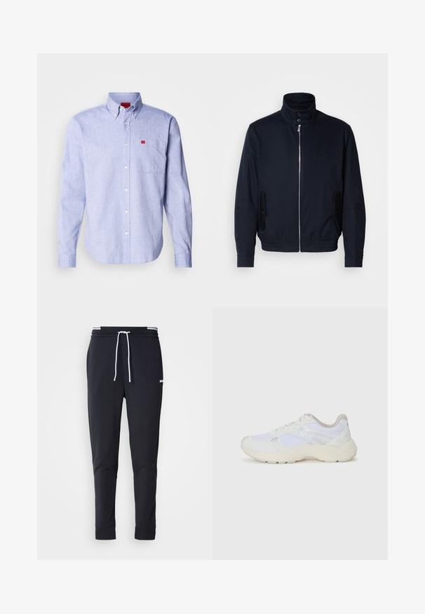 Casaco azul marinho com colarinho alto, fecho éclair frontal, bolsos laterais e punhos canelados. Textura suave com um detalhe logo discreto no peito.; Camisa azul clara de botões, com mangas longas, um bolso no peito e um rótulo de marca em vermelho. Feita de tecido suave com um colarinho clássico.; Calças de jogger ajustadas pretas com cordão branco, cintura elástica com riscas brancas e pequeno logo branco na parte superior da coxa.; Ténis brancos desportivos feitos de malha e camurça, com uma entressola texturizada, elementos texturizados e o logótipo "HUGO" na lateral.