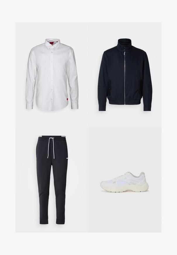 Navy blue jacket with a high collar, front zipper, side pockets, and ribbed cuffs. Smooth texture with a subtle logo detail on the chest.; White long-sleeve shirt with a button-down collar, made of lightweight fabric. Features a subtle brand tag in red on the lower side.; Black slim-fit jogger pants with white drawstring, elastic waistband with white stripes, and small white logo on the upper thigh.; White athletic shoes made of mesh and suede, featuring a textured midsole, textured accents, and "HUGO" logo on the side.