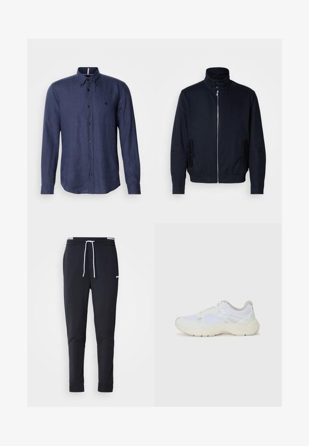 Tamsiai mėlyna striukė su aukšta apykakle, priekine užtrauktuku, šoninėmis kišenėmis ir gipiūriniais rankogaliais. Lygus paviršius su subtiliu logotipu ant krūtinės.; Tamsiai mėlynas ilgomis rankovėmis marškiniai su mygtukais, pagaminti iš lino, su mygtukų antklote, tamsiais mygtukais ir subtiliu logotipo detalumu ant krūtinės.; Juodi liekni džinsai su balta raišteliu, elastinga juosmens juosta su baltais raštais ir maža balta logotipu viršutiniame šlaunies taške.; Balti sportiniai bateliai, pagaminti iš tinklinės medžiagos ir zomšos, su tekstūruotu viduriu, tekstūruotais akcentais ir „HUGO“ logotipu šone.