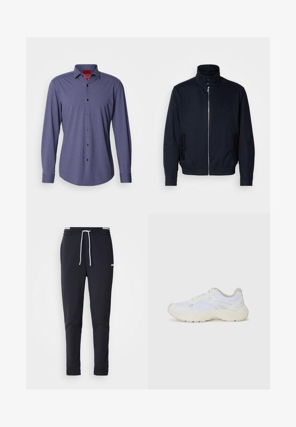 Giacca blu navy con colletto alto, zip frontale, tasche laterali e polsini a coste. Texture liscia con un sottile dettaglio del logo sul petto.; Camicia a maniche lunghe blu navy con pois bianchi, colletto button-down e bottoni neri. Tessuto morbido con un design a vestibilità regolare.; Pantaloni jogger slim-fit neri con cordoncino bianco, vita elastica con strisce bianche e piccolo logo bianco sulla coscia superiore.; Scarpe da ginnastica bianche in mesh e suede, con una suola intermedia testurizzata, dettagli testurizzati e il logo "HUGO" sul lato.