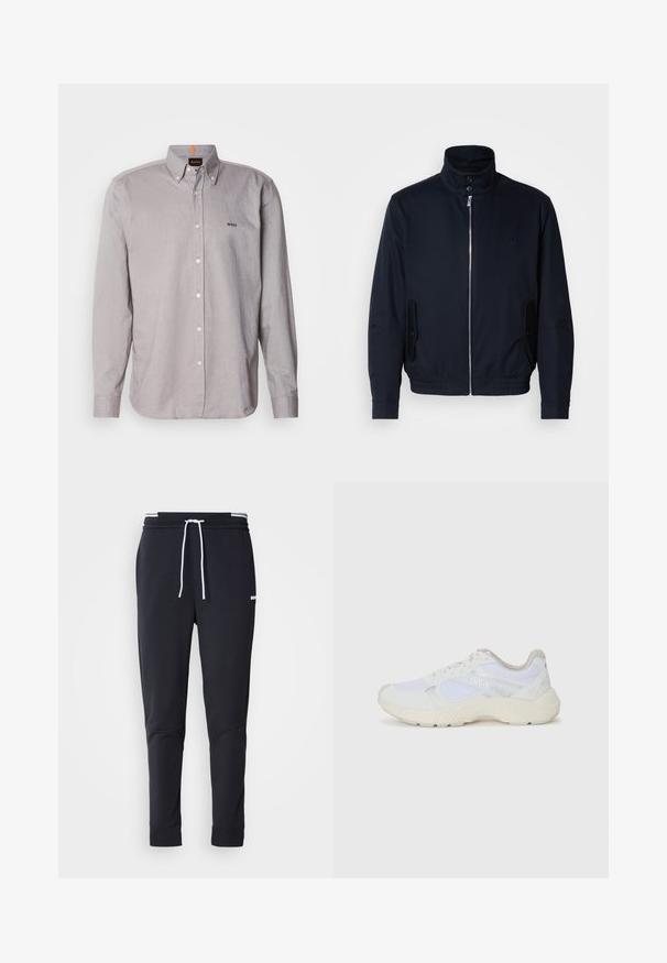 Laivansinis takki, jossa on korkea kaulus, edessä vetoketju, sivutaskut ja ribattu hihansuu. Sileä pinta, jossa on hienovarainen logo-ominaisuus rinnassa.; Vaaleanharmaa nappikauluspaita kevyestä kankaasta, jossa on kaulus, pitkät hihat ja pieni brosyyripainatus rinnassa.; Mustat slim-fit collegehousut, joissa on valkoinen naru, joustava vyötärö valkoisilla raidoilla ja pieni valkoinen logo reiden yläosassa.; Valkoiset urheilukengät, jotka on valmistettu verkkokankaasta ja mokasta, sisältävät tekstuurillisen välipohjan, teksturoituja yksityiskohtia ja "HUGO"-logon sivussa.