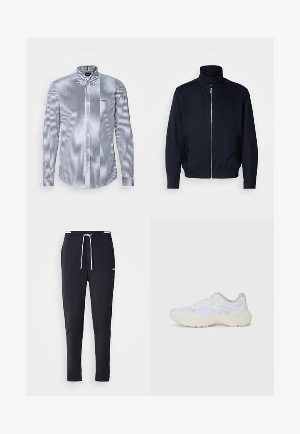 Tamsiai mėlyna striukė su aukšta apykakle, priekine užtrauktuku, šoninėmis kišenėmis ir gipiūriniais rankogaliais. Lygus paviršius su subtiliu logotipu ant krūtinės.; BOSS ROAN SLIM FIT - Marškiniai - dark blue; Juodi liekni džinsai su balta raišteliu, elastinga juosmens juosta su baltais raštais ir maža balta logotipu viršutiniame šlaunies taške.; Balti sportiniai bateliai, pagaminti iš tinklinės medžiagos ir zomšos, su tekstūruotu viduriu, tekstūruotais akcentais ir „HUGO“ logotipu šone.