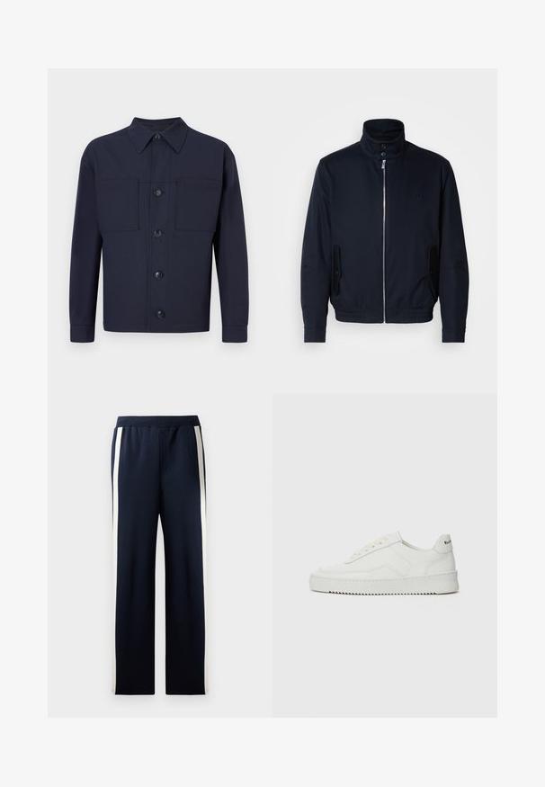 Mornarsko moder plašč z visokim ovratnikom, sprednjim zadrge, stranskimi žepi in rebrastimi manšetami. Gladka tekstura s subtilno detajlom logotipa na prsih.; Mornarsko modra jakna na gumbe, izdelana iz tkanine z gladko teksturo. Ima dva žepa na prsih in koničast ovratnik, ter štiri gumbe spredaj.; Mornarske trenirke širokega kroja, ki imajo navpične kreme proge ob straneh. Narejene iz mehkega, teksturiranega materiala z elastičnim pasom.; Bela usnjena športna obutev z gladko površino, okroglo prst, ravne vezalke in teksturiran podplat. Ima diskretno logo na peti.