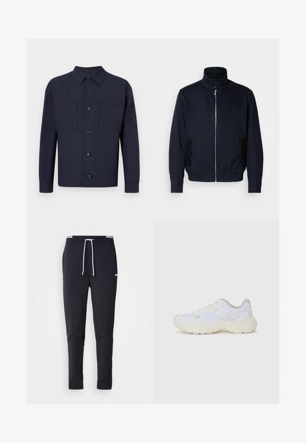 Mornarsko moder plašč z visokim ovratnikom, sprednjim zadrge, stranskimi žepi in rebrastimi manšetami. Gladka tekstura s subtilno detajlom logotipa na prsih.; Mornarsko modra jakna na gumbe, izdelana iz tkanine z gladko teksturo. Ima dva žepa na prsih in koničast ovratnik, ter štiri gumbe spredaj.; Črne slim-fit jogger hlače z belo vrvico, elastičnim pasom z belimi črtami in majhnim belim logotipom na zgornjem stegnu.; Bela športna obuvala iz mrežastega in semiš materiala, z teksturiranim podplatom, teksturiranimi dodatki in logotipom "HUGO" na strani.