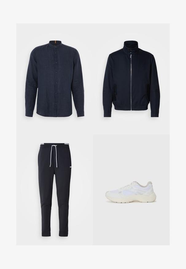 Marineblauwe jas met hoge kraag, voorsluiting met rits, zijzakken en ribgebreide manchetten. Gladde textuur met een subtiele logo-detail op de borst.; Navyblauwe, langarmpoloshirt van linnen, met een bandkraag, knopenstrip en een zachte textuur zonder patronen of versieringen.; Zwarte slim-fit joggerbroek met witte trekkoord, elastische tailleband met witte strepen en klein wit logo op het bovenbeen.; Witte sportief schoenen van mesh en suede, met een gestructureerde tussenzool, gestructureerde accenten en het "HUGO" logo aan de zijkant.