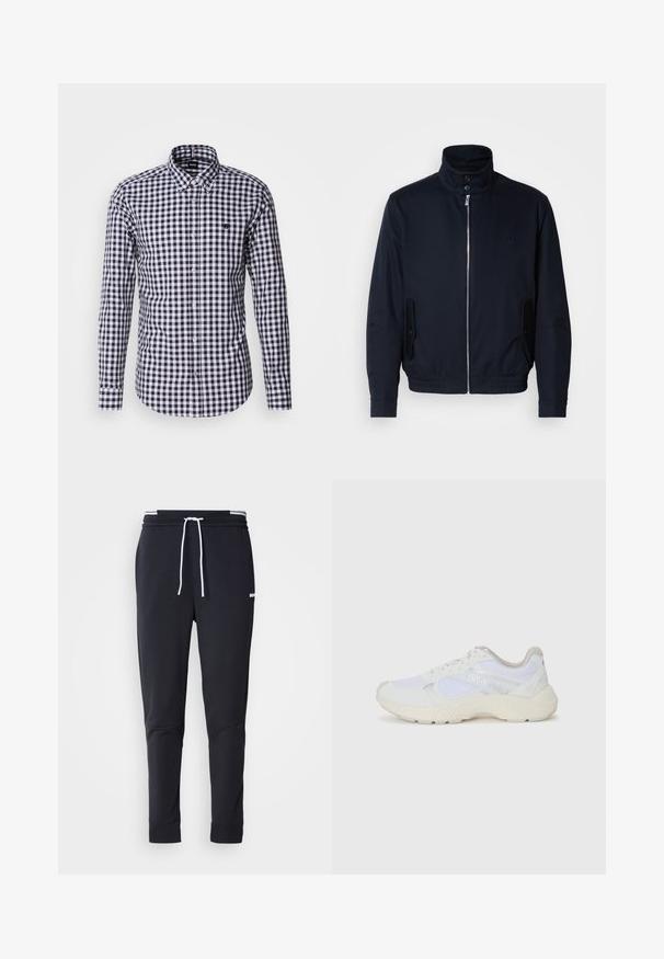 Jūras zils žakets ar augstu apkakli, priekšējo rāvējslēdzi, sānu kabatām un ribotajiem piedurknēm. Gluda tekstūra ar nelielu logotipa detaļu uz krūšu.; Melna un balta karodziņa raksta krekls ar garām piedurknēm. Iespējas ietver klasisku apkakli, pogu aizdari un šauru piegriezumu.; Melnas pieguļošas jogger bikses ar baltu auklu, elastīgu jostasvietu ar baltām svītrām un mazu baltu logotipu augšstilbā.; Baltas sporta apavi, kas izgatavoti no sieta un zamšāda, ar teksturētu starpzoli, teksturētām akcentēm un "HUGO" logo sānos.