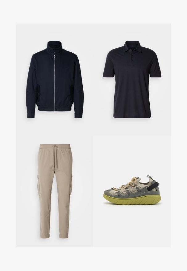 Marineblå jakke med høy krage, glidelås foran, sidelommer og ribbestrikkede mansjetter. Glatt tekstur med en subtil logo detaljer på brystet.; Mørk marineblå kortermet polo-skjorte med krage og tre-knapps knappestolpe, vist på en enkel lys bakgrunn.; Beige cargo bukser med elastisk talje og snor. Har sidelommer og design med tapered ben, lavet af letvægtsstof.; HUGO REEFLYN - Joggesko - open green