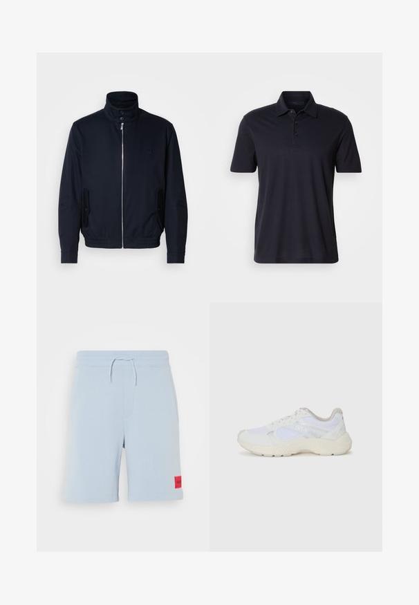 Námořnická modrá bunda s vysokým límcem, předním zipem, bočními kapsami a žebrovanými manžetami. Hladká textura s jemným logem na hrudi.; Tmavomodré polo tričko s krátkymi rukávmi, golierom a patkou na tri gombíky, zobrazené na svetlom plain pozadí.; Svetlo modré bavlnené kraťasy s elastickým pásom a šnúrkou, na ľavej strane s červenou nášivkou. Hladká textúra.; Biele atletické topánky vyrobené z materiálov sieťoviny a semišu, s textúrovanou strednou podošvou, textúrovanými akcentmi a logom "HUGO" na boku.