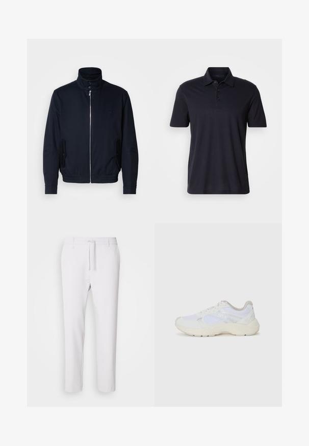 Jūras zils žakets ar augstu apkakli, priekšējo rāvējslēdzi, sānu kabatām un ribotajiem piedurknēm. Gluda tekstūra ar nelielu logotipa detaļu uz krūšu.; Tumši jūras zila īsām piedurknēm polo krekls ar apkakli un trim pogām, uz vienkārša, gaiša fona.; Baltas šaurs priekšpuses bikses ar elastīgu jostasvietu, aukliņas aizdari, gludu tekstūru un bez redzamām rakstainēm vai akcentiem.; Baltas sporta apavi, kas izgatavoti no sieta un zamšāda, ar teksturētu starpzoli, teksturētām akcentēm un "HUGO" logo sānos.