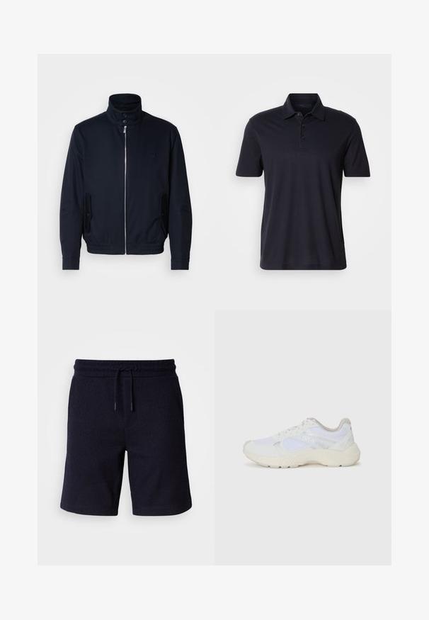 Veste bleu marine avec un col haut, fermeture éclair à l'avant, poches latérales et poignets côtelés. Texture lisse avec un détail logo subtil sur la poitrine.; Polo shirt à manches courtes bleu marine foncé avec un col et une patte de boutonnage à trois boutons, présenté sur un fond clair et uni.; Shorts bleu marine avec une taille élastique et un cordon de serrage. Tissu texturé avec une finition lisse, comportant des coutures latérales.; Baskets de sport blanches en mesh et en daim, avec une semelle intermédiaire texturée, des accents texturés et le logo "HUGO" sur le côté.