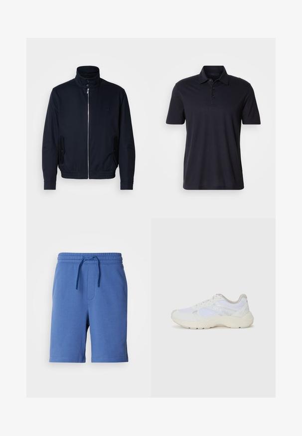 Veste bleu marine avec un col haut, fermeture éclair à l'avant, poches latérales et poignets côtelés. Texture lisse avec un détail logo subtil sur la poitrine.; Polo shirt à manches courtes bleu marine foncé avec un col et une patte de boutonnage à trois boutons, présenté sur un fond clair et uni.; Shorts en coton bleu avec une taille élastique, cordon de serrage et poche latérale. Texture lisse, design à longueur de genou, détail de marque minimal.; Baskets de sport blanches en mesh et en daim, avec une semelle intermédiaire texturée, des accents texturés et le logo "HUGO" sur le côté.