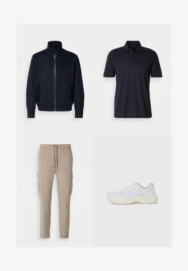 Námořnická modrá bunda s vysokým límcem, předním zipem, bočními kapsami a vroubkovanými manžetami. Hladká textura s jemným logem na hrudi.; Tmavě modré polo tričko s krátkým rukávem, s límečkem a třemi knoflíky, zobrazené na jednoduchém světlém pozadí.; Beige cargo kalhoty s elastickým pasem a šňůrkou. Obsahují boční kapsy a mají zúžený střih, vyrobeny z lehkého materiálu.; Bílé sportovní boty vyrobené z síťoviny a semiše, s texturovanou mezipodešví, texturovanými akcenty a logem "HUGO" na boku.