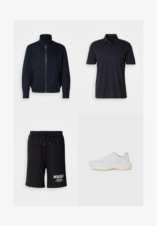 Tamsiai mėlyna striukė su aukšta apykakle, priekine užtrauktuku, šoninėmis kišenėmis ir gipiūriniais rankogaliais. Lygus paviršius su subtiliu logotipu ant krūtinės.; Tamsiai mėlynas trumpas rankovėmis polo marškinėliai su apykakle ir trimis mygtukais, pateikti ant šviesaus vientiso fono.; Juodi medvilniniai šortai su elastinga juosmens juosta ir raišteliu. Baltas "HUGO" logotipas kairėje kojoje. Paprastas dizainas, iki kelių ilgio.; Balti sportiniai bateliai, pagaminti iš tinklinės medžiagos ir zomšos, su tekstūruotu viduriu, tekstūruotais akcentais ir „HUGO“ logotipu šone.