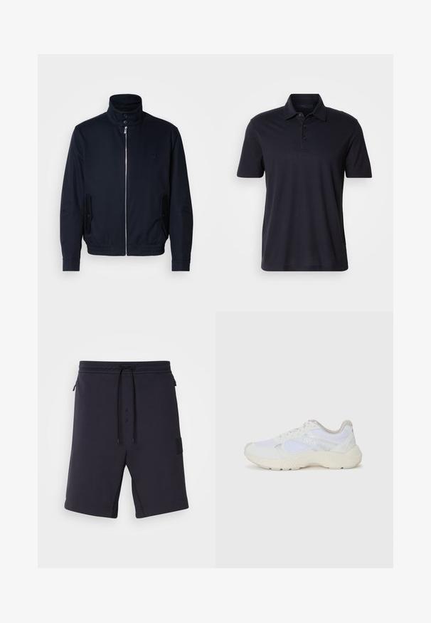 Námořnická modrá bunda s vysokým límcem, předním zipem, bočními kapsami a žebrovanými manžetami. Hladká textura s jemným logem na hrudi.; Tmavomodré polo tričko s krátkymi rukávmi, golierom a patkou na tri gombíky, zobrazené na svetlom plain pozadí.; Tmavomodré šortky s hladkým povrchom, elastickým pásom, šnúrkou a bočnými vreckami. Obsahujú čiernu nášivku loga na boku.; Biele atletické topánky vyrobené z materiálov sieťoviny a semišu, s textúrovanou strednou podošvou, textúrovanými akcentmi a logom "HUGO" na boku.