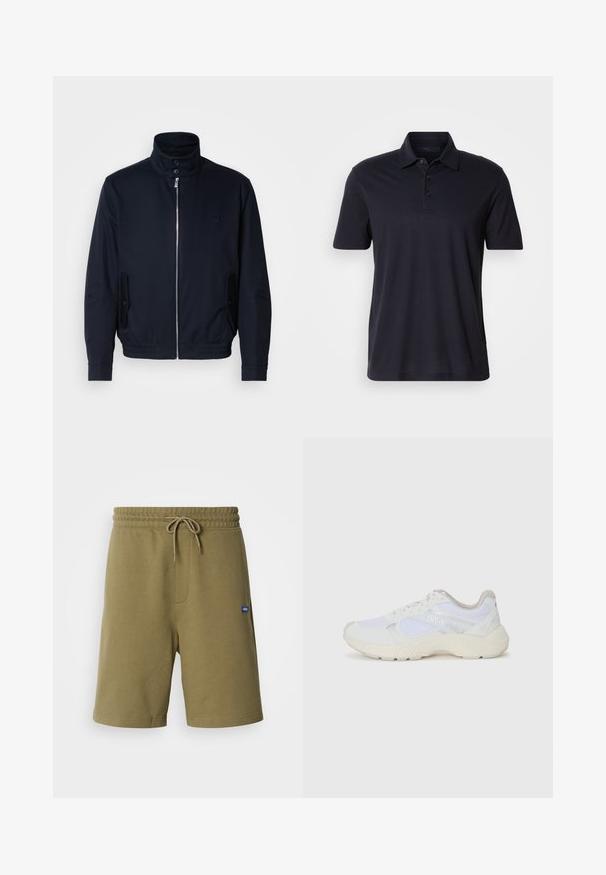 Marineblaue Jacke mit hohem Kragen, Vorderreißverschluss, seitlichen Taschen und gerippten Bündchen. Glatte Textur mit einem dezenten Logodetail auf der Brust.; Dunkelblaues Kurzarm-Polohemd mit Kragen und Dreiknopf-Leiste, auf einem schlichten hellen Hintergrund präsentiert.; Khakifarbenen Sportshorts aus einem weichen Baumwoll-Mix, mit einem elastischen Bund und Kordelzug, seitlichen Taschen und einem Logo-Patch.; Weiße Sportschuhe aus Mesh und Wildleder, mit einer strukturierten Zwischensohle, strukturierten Akzenten und dem "HUGO"-Logo an der Seite.