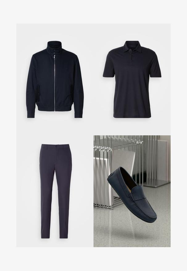 Marinblå jacka med hög krage, frontdragkedja, sidofickor och ribbade ärmar. Slät textur med en diskret logodetalj på bröstet.; Mörk marinblå kortärmad polo med krage och treknappschans, visad mot en enkel ljus bakgrund.; Marinblå byxor med rak skärning, tillverkade av ett slätt tyg. Har knappstängning, sidofickor och en platt framsida.; Marina läder loafers med en texturerad finish, med en upphöjd söm och en rundad tå. Lättviktsdesign, placerad mot en minimal bakgrund.