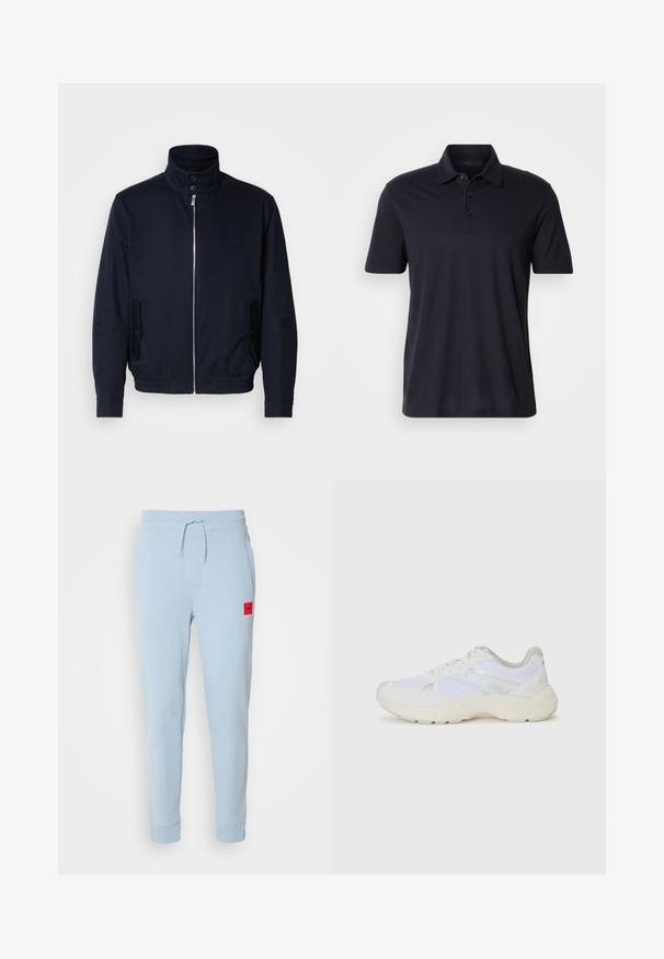 Námořnická modrá bunda s vysokým límcem, předním zipem, bočními kapsami a žebrovanými manžetami. Hladká textura s jemným logem na hrudi.; Tmavomodré polo tričko s krátkymi rukávmi, golierom a patkou na tri gombíky, zobrazené na svetlom plain pozadí.; Svetlo modré bavlnené tepláky s nastaviteľným pásom, bočnými vreckami a malou červenou nášivkou na ľavej strane. Priliehajúce manžety na členkoch.; Biele atletické topánky vyrobené z materiálov sieťoviny a semišu, s textúrovanou strednou podošvou, textúrovanými akcentmi a logom "HUGO" na boku.