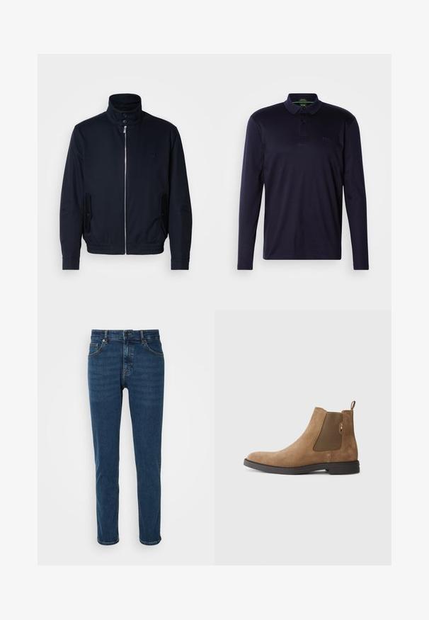 Chaqueta azul marino con un alto cuello, cierre frontal, bolsillos laterales y puños acanalados. Textura suave con un sutil detalle de logo en el pecho.; Polo de manga larga en color navy, hecho de algodón suave, con una botonera de tres botones y un logo bordado en el pecho. Textura suave.; Vaqueros de mezclilla azul con un corte recto, diseño de cinco bolsillos y sutiles detalles de costura. Textura suave con un aspecto clásico y versátil.; Botín Chelsea de ante marrón con paneles elásticos en los laterales y una pestaña para facilitar el calzado. Presenta una punta redonda y una suela de goma plana para mayor estabilidad.