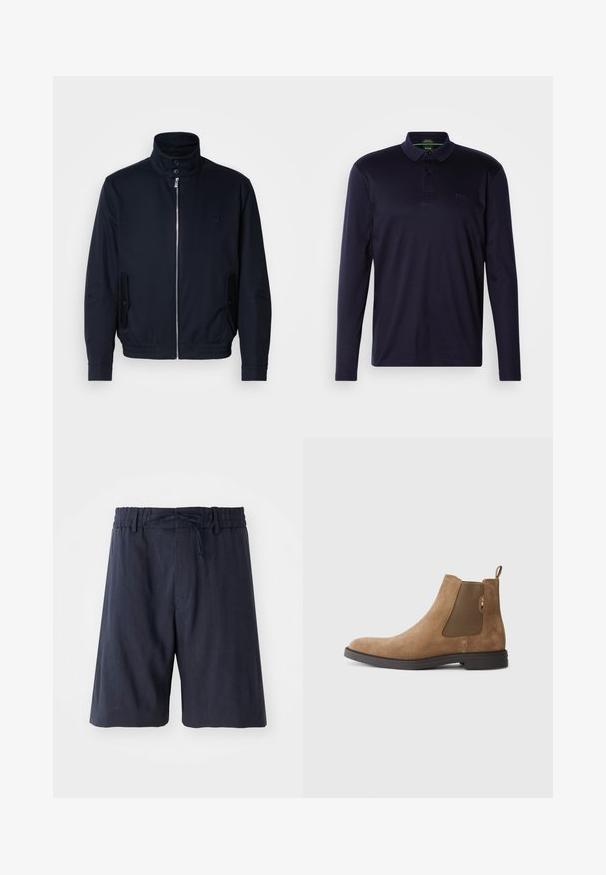 Marineblå jakke med høy krage, glidelås foran, sidelommer og ribbestrikkede mansjetter. Glatt tekstur med en subtil logo detaljer på brystet.; Marineblå langermet polo skjorte laget av myk bomull, med en knappestolpe med tre knapper og brodert logo på brystet. Jevn tekstur.; Mørkeblå shorts med elastisk liv, justerbar snor og mykt teksturert stoff. Har en knelengde og minimalistisk design.; Brune semsket Chelsea-støvlett med elastiske sidestykker og en trekkmal. Har en avrundet tå og en flat gummisåle for stabilitet.