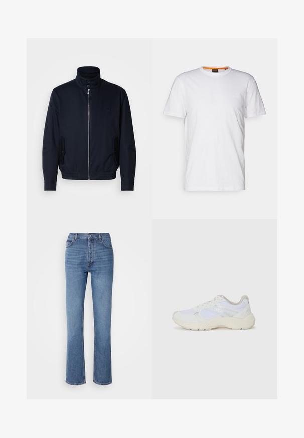 Giacca blu navy con colletto alto, zip frontale, tasche laterali e polsini a coste. Texture liscia con un sottile dettaglio del logo sul petto.; T-shirt bianco in cotone con collo rotondo, maniche corte e un logo a rilievo discreto sul petto. L'etichetta interna ha un accento arancione.; Jeans in denim blu con vita alta, design a gamba dritta e leggera sbiaditura. Presentano il classico stile a cinque tasche e chiusura con zip.; Scarpe da ginnastica bianche in mesh e suede, con una suola intermedia testurizzata, dettagli testurizzati e il logo "HUGO" sul lato.