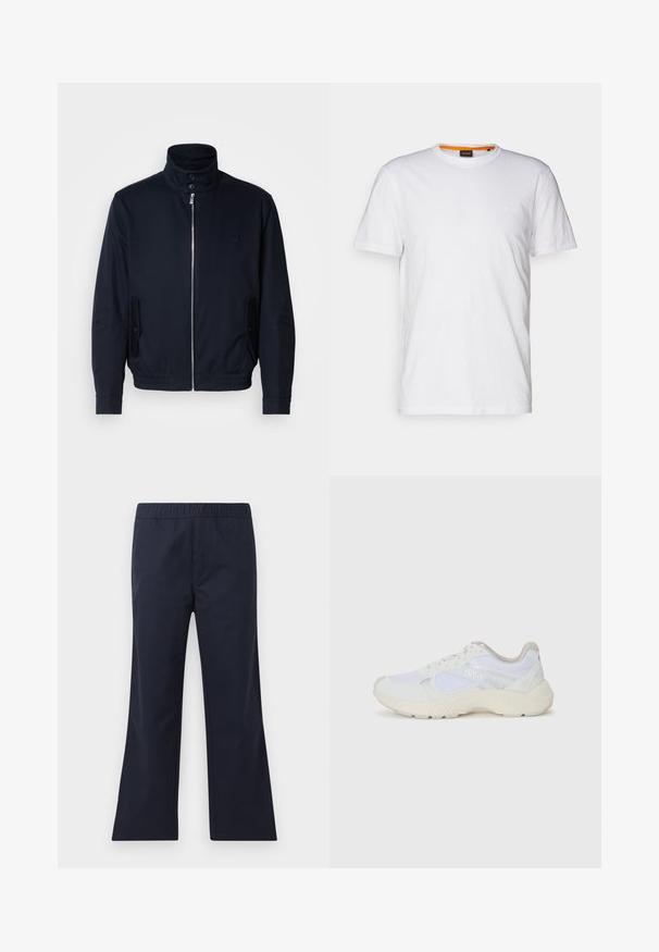 Granatowa kurtka z wysokim kołnierzem, przednim zamkiem, bocznymi kieszeniami i ściągaczami na mankietach. Gładka tekstura z subtelnym logo na klatce piersiowej.; Biała bawełniana koszulka z okrągłym dekoltem, krótkimi rękawami oraz subtelnie wytłoczonym logo na klatce piersiowej. Wewnętrzna metka ma pomarańczowy akcent.; Granatowe, rozszerzane spodnie wykonane z gładkiego materiału. Posiadają elastyczny pas i boczne kieszenie. Czyste linie i minimalistyczny design.; Białe sportowe buty wykonane z siateczki i zamszu, z teksturowaną podeszwą środkową, teksturowanymi akcentami i logo "HUGO" z boku.