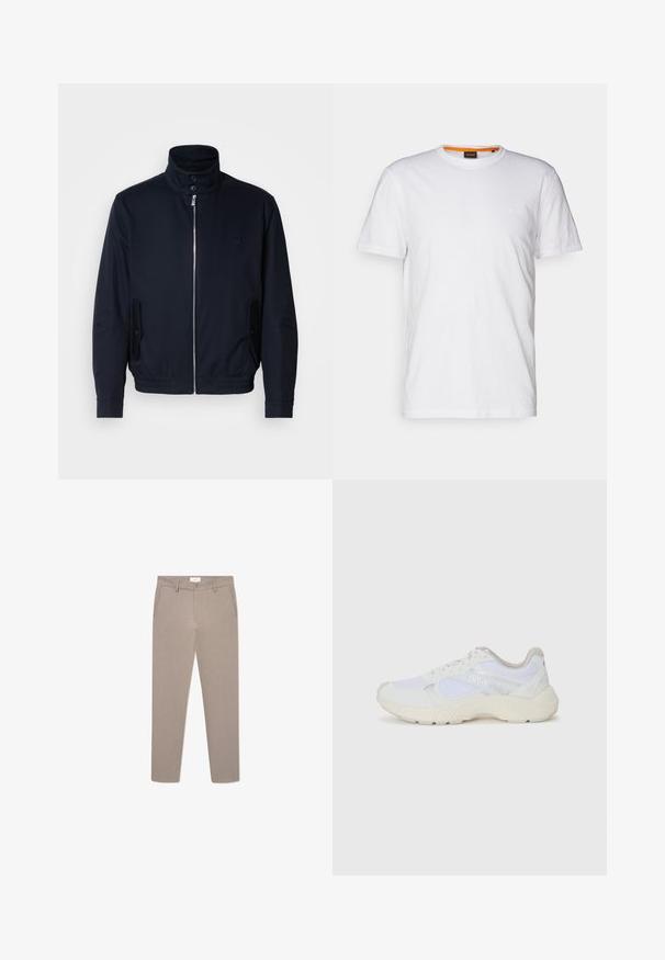 Tamno plava jakna s visokim ovratnikom, prednjim patentnim zatvaračem, bočnim džepovima i rebrastim manžetama. Glatka tekstura s suptilnim logotipom na prsima.; Bijela pamučna majica s okruglim izrezom, kratkim rukavima i suptilnim ugraviranim logom na prsima. Unutarnja oznaka ima narančasti akcent.; Bež hlače s krojem koji se slaže uz tijelo, s patentnim zatvaračem, prednjim džepovima i suptilnim strukturiranim uzorkom. Izrađene od lagane tkanine.; Bijele atletske tenisice napravljene od mrežastog materijala i kože antilop, s teksturiranom srednjom potplatom, teksturiranim detaljima i "HUGO" logotipom sa strane.