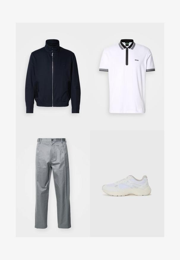 Navy blue jacket with a high collar, front zipper, side pockets, and ribbed cuffs. Smooth texture with a subtle logo detail on the chest.; White polo shirt with black and gray collar and sleeve trims, zip placket, and embroidered "BOSS" logo on the left chest.; Gray cotton blend trousers with a straight-leg design, featuring a front button closure, belt loops, and side pockets.; White athletic shoes made of mesh and suede, featuring a textured midsole, textured accents, and "HUGO" logo on the side.
