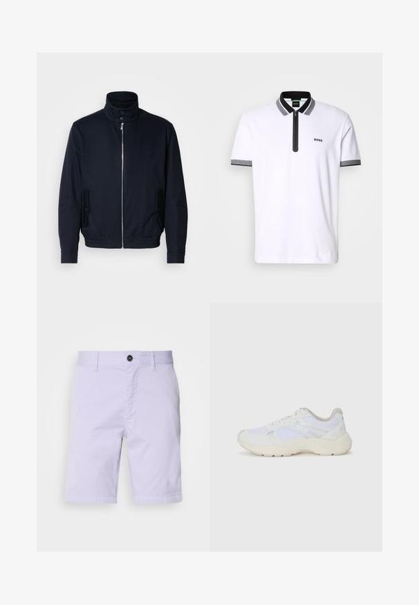 Giacca blu navy con colletto alto, zip frontale, tasche laterali e polsini a coste. Texture liscia con un sottile dettaglio del logo sul petto.; Polo bianco con colletto e finiture delle maniche in nero e grigio, apertura con zip e logo ricamato "BOSS" sul lato sinistro del petto.; Shorts color lavanda chiaro in misto cotone, con vita piatta, chiusura a bottone, due tasche laterali e orlo dritto.; Scarpe da ginnastica bianche in mesh e suede, con una suola intermedia testurizzata, dettagli testurizzati e il logo "HUGO" sul lato.
