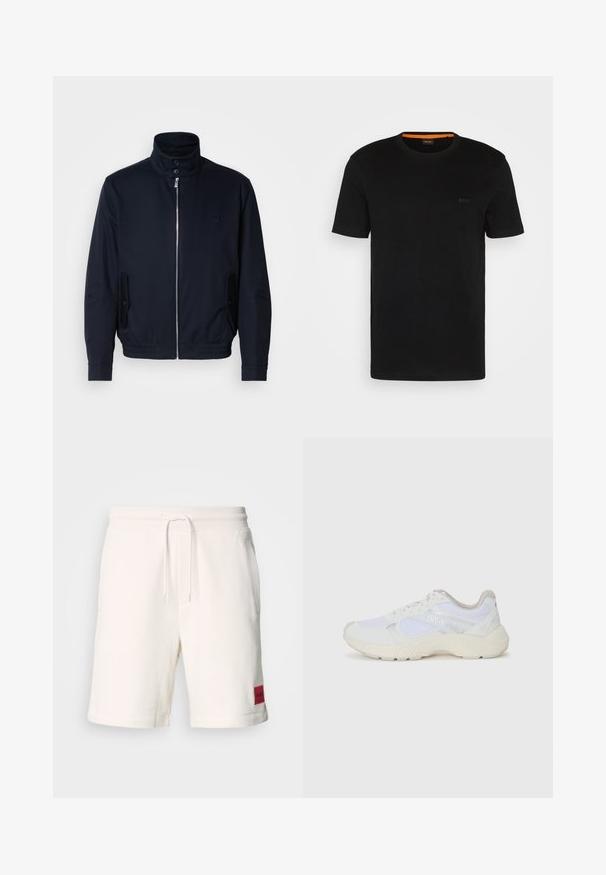 Laivansinis takki, jossa on korkea kaulus, edessä vetoketju, sivutaskut ja ribattu hihansuu. Sileä pinta, jossa on hienovarainen logo-ominaisuus rinnassa.; Mustat lyhyet hihaset t-paidat, jotka on valmistettu pehmeästä kankaasta. Paita on pyöreällä kaula-aukolla ja siinä on huomaamaton logo edessä. Kauluksen sisäpuolella on oranssi yksityiskohta.; Kermainen puuvillashortsit, joissa on joustava vyötärö, naru ja sivutaskut. Vasemmassa reidessä on punainen brändilogo.; Valkoiset urheilukengät, jotka on valmistettu verkkokankaasta ja mokasta, sisältävät tekstuurillisen välipohjan, teksturoituja yksityiskohtia ja "HUGO"-logon sivussa.