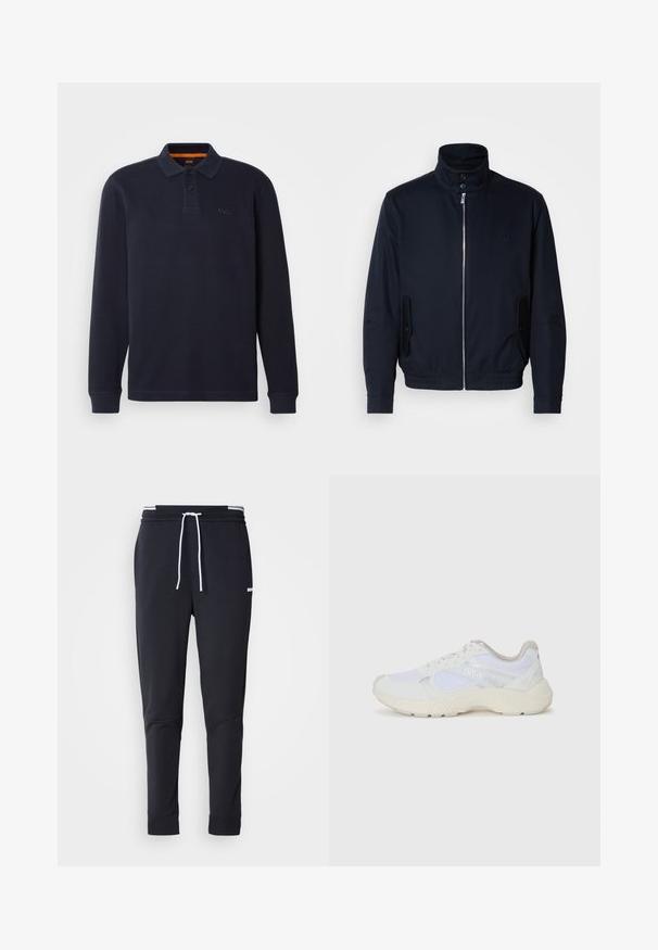 Marineblå jakke med høy krage, glidelås foran, sidelommer og ribbestrikkede mansjetter. Glatt tekstur med en subtil logo detaljer på brystet.; Marineblå langermet polo skjorte laget av teksturert stoff med knappet halsåpning. Har et lite brodert logo på brystet.; Sorte slim-fit joggebukser med hvit snor, elastisk midjebånd med hvite striper, og en liten hvit logo på overlåret.; Hvit idrettssko laget av mesh og skinn, med en teksturert mellomsåle, teksturerte detaljer og "HUGO"-logo på siden.