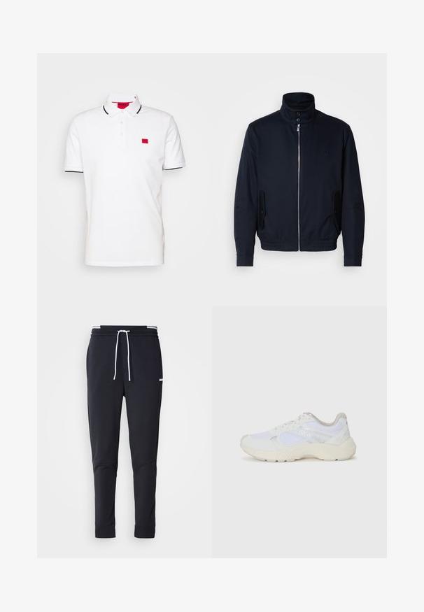 Marineblauwe jas met hoge kraag, voorsluiting met rits, zijzakken en ribgebreide manchetten. Gladde textuur met een subtiele logo-detail op de borst.; Witte polo met zwarte details, knoopsluiting en een klein rood logo op de linkerkant van de borst. Katoenen materiaal, korte mouwen.; Zwarte slim-fit joggerbroek met witte trekkoord, elastische tailleband met witte strepen en klein wit logo op het bovenbeen.; Witte sportief schoenen van mesh en suede, met een gestructureerde tussenzool, gestructureerde accenten en het "HUGO" logo aan de zijkant.